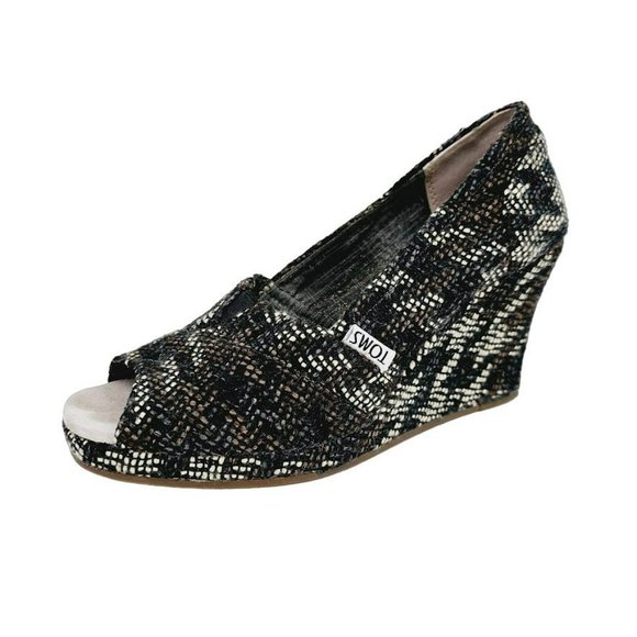 Toms Stella Tweed Peep Toe Wedges 6 Black Brown Cream Slip On Boucle Houndstooth - Picture 13 of 13